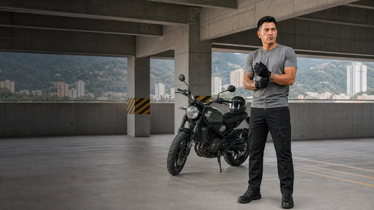 Pantalón táctico urbano negro junto a una moto estacionada