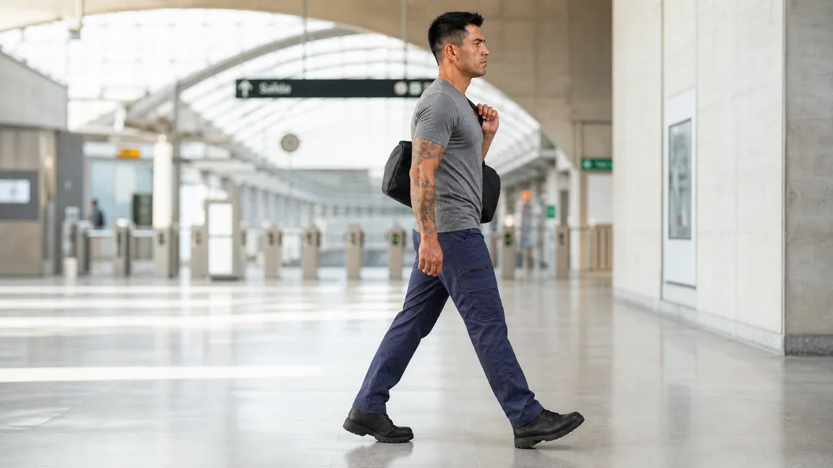 Pantalón táctico urbano azul durante un trayecto de viaje