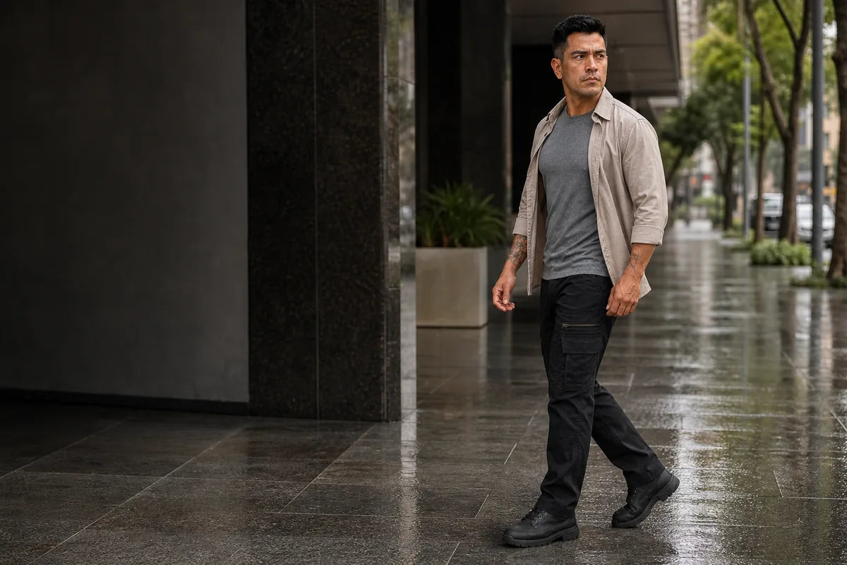 Pantalón táctico urbano negro en la ciudad después de lluvia ligera