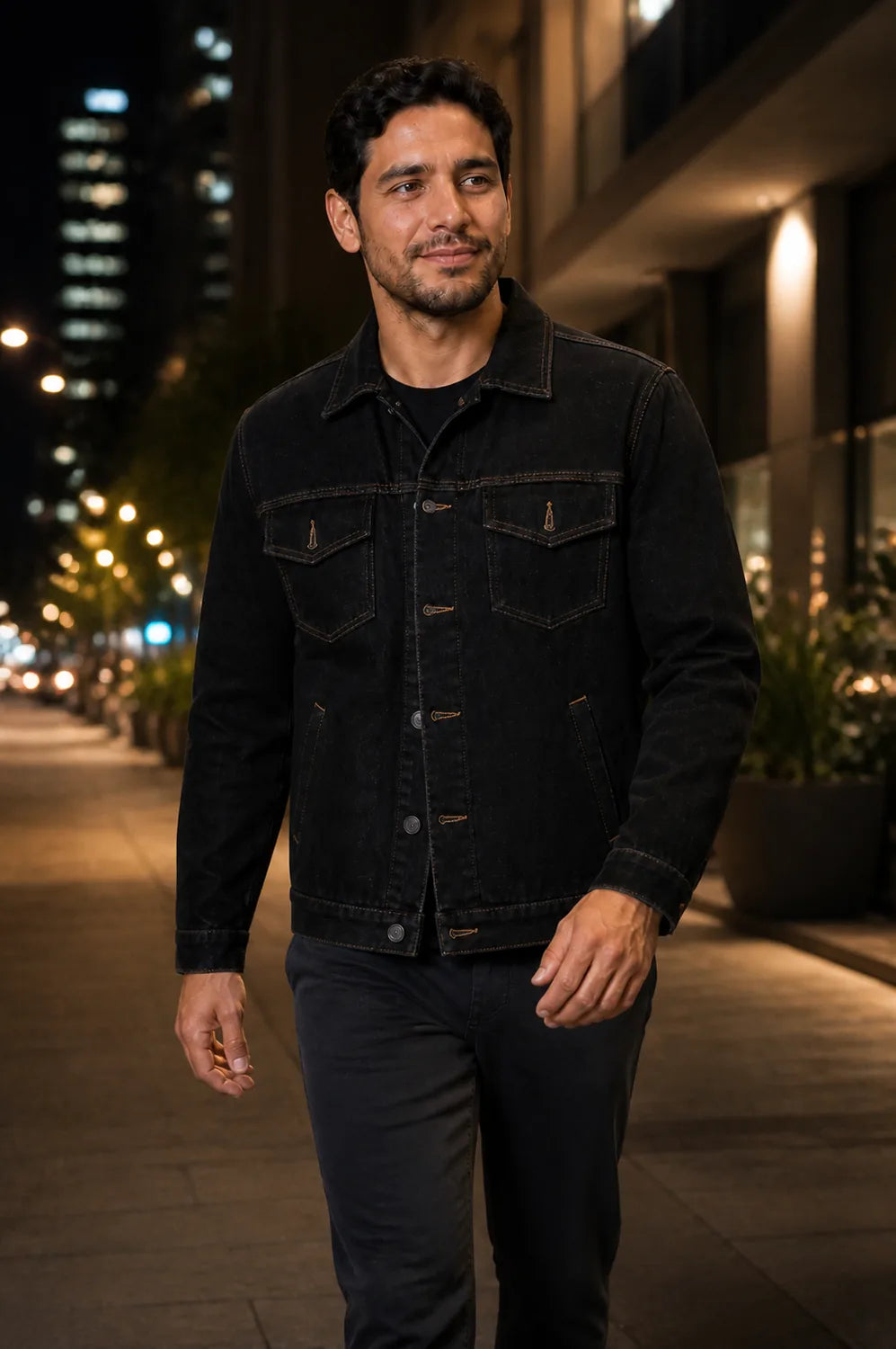 Look nocturno con chaqueta jean negra
