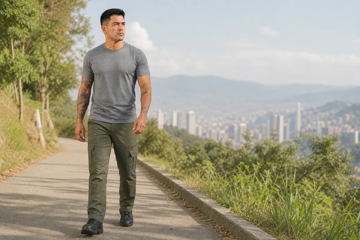 Pantalón táctico urbano verde militar en una salida ligera
