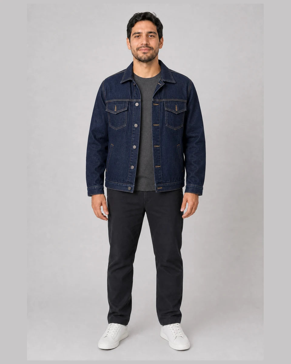 Modelo con Chaqueta Jean Clásica azul