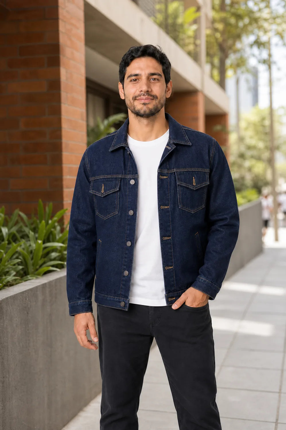 Hombre con chaqueta jean azul en un look urbano sencillo