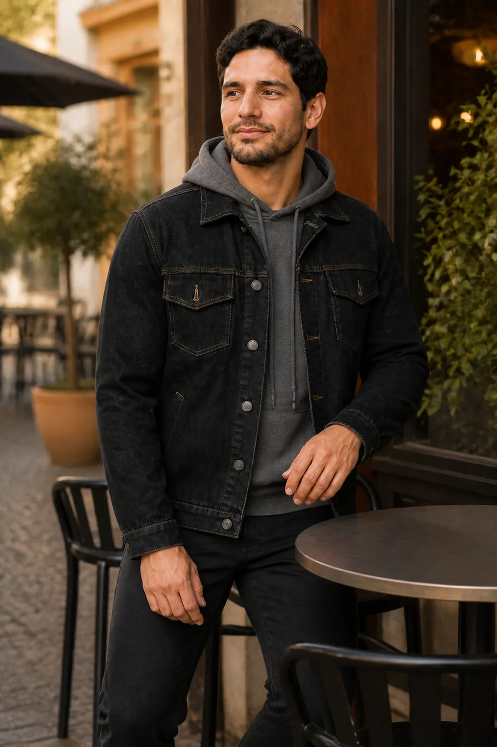 Look casual con chaqueta jean negra y buzo