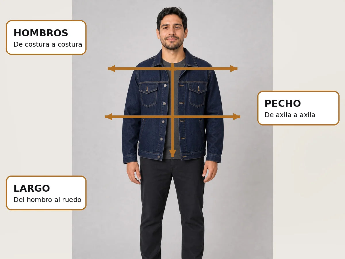Guía visual para medir hombros, pecho y largo de una chaqueta