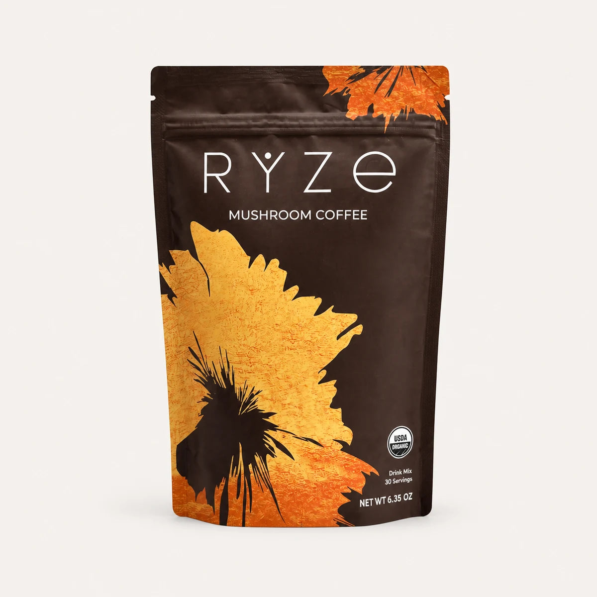 Vista frontal exacta de la bolsa RYZE Mushroom Coffee.