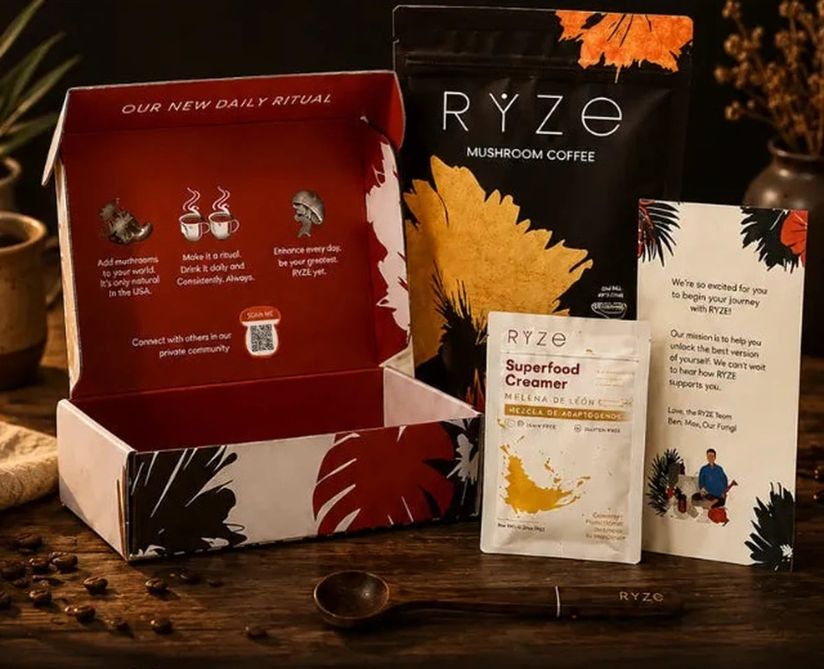 Kit auténtico completo de RYZE Mushroom Coffee con bolsa, caja y accesorios.