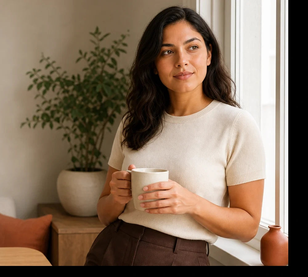 Mujer disfrutando una taza de café junto a una ventana, sin mostrar nuevamente el empaque.